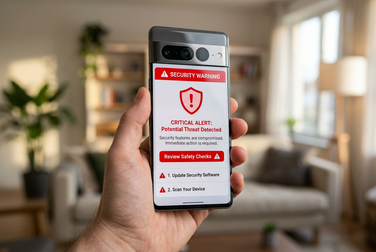 A hand holding a smartphone showing security alerts over a casino app.