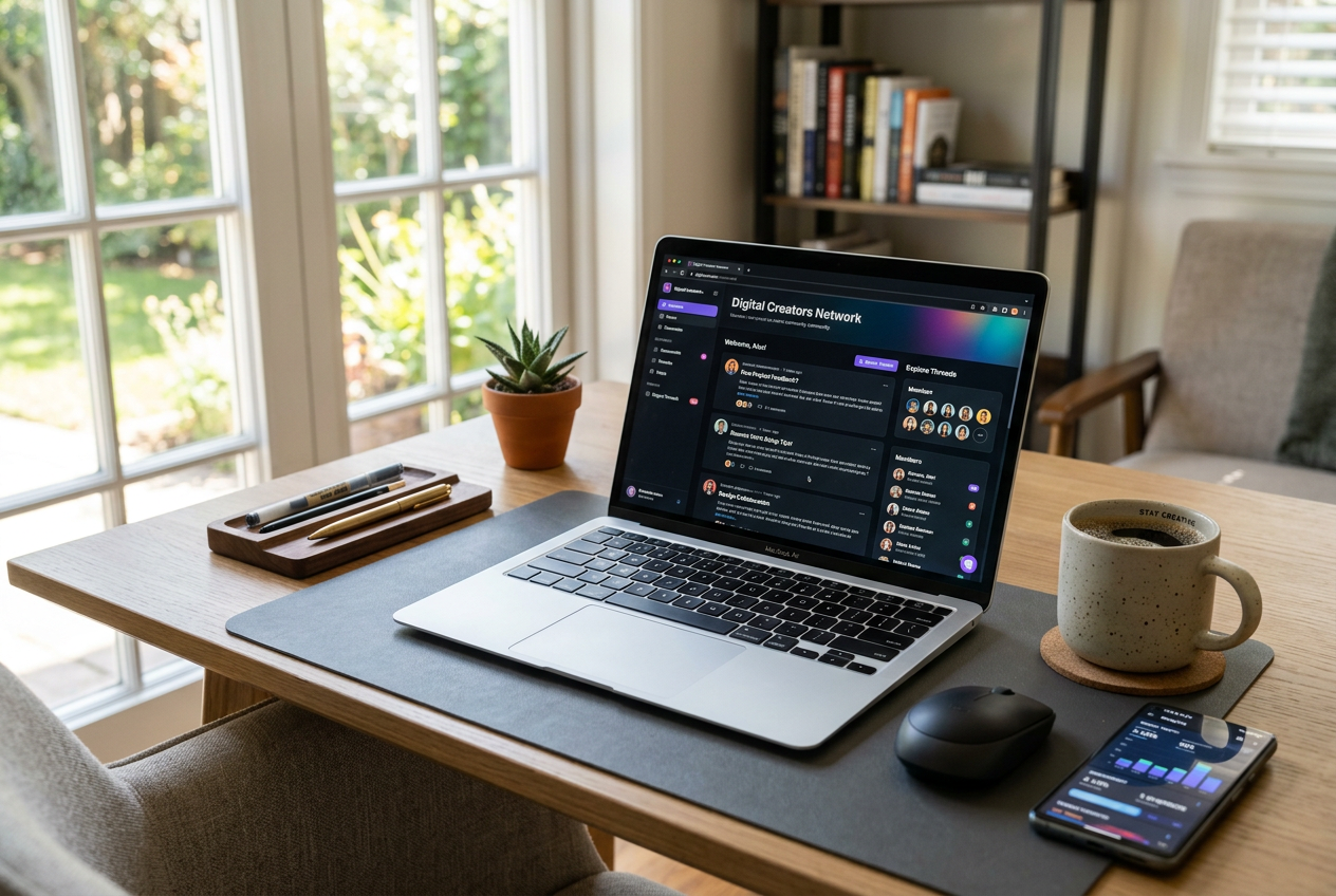Modern workspace with a laptop displaying an online community forum.